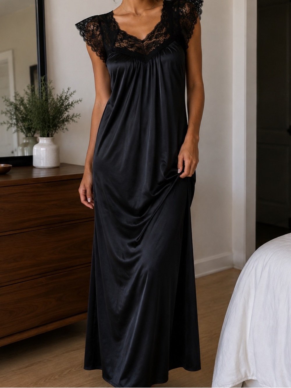 Satin Lace-Trim Nightgown in Black - Women's Chemise